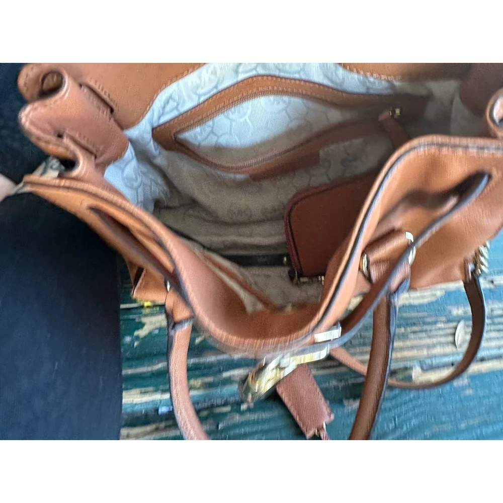 Michael Kors Hamilton Cognac Leather Satchel Gold Padlock Handbag with Pouch